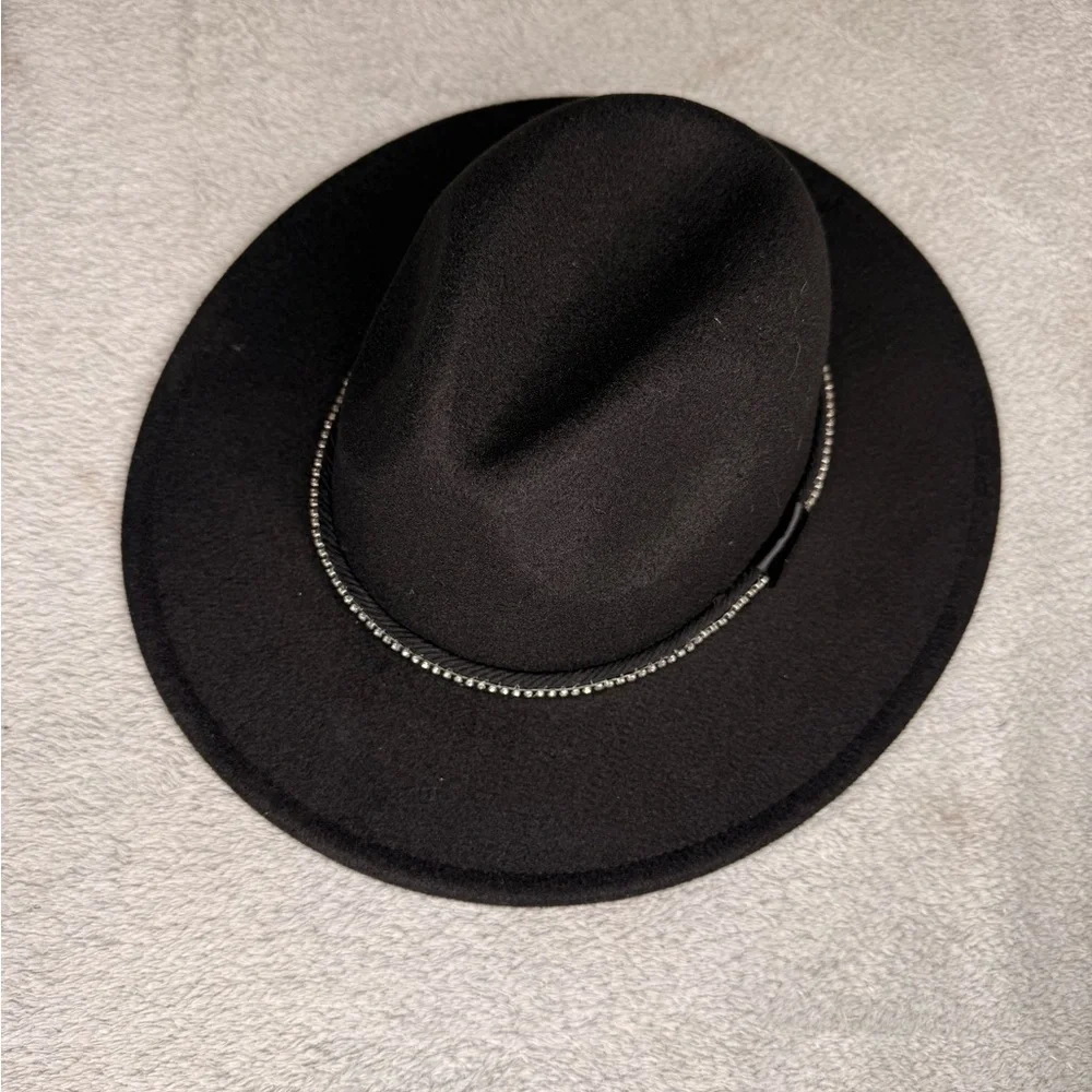 Black Wide Brim Fedora Hat Rhinestone Trim Adjustable Boho Western Chic- New